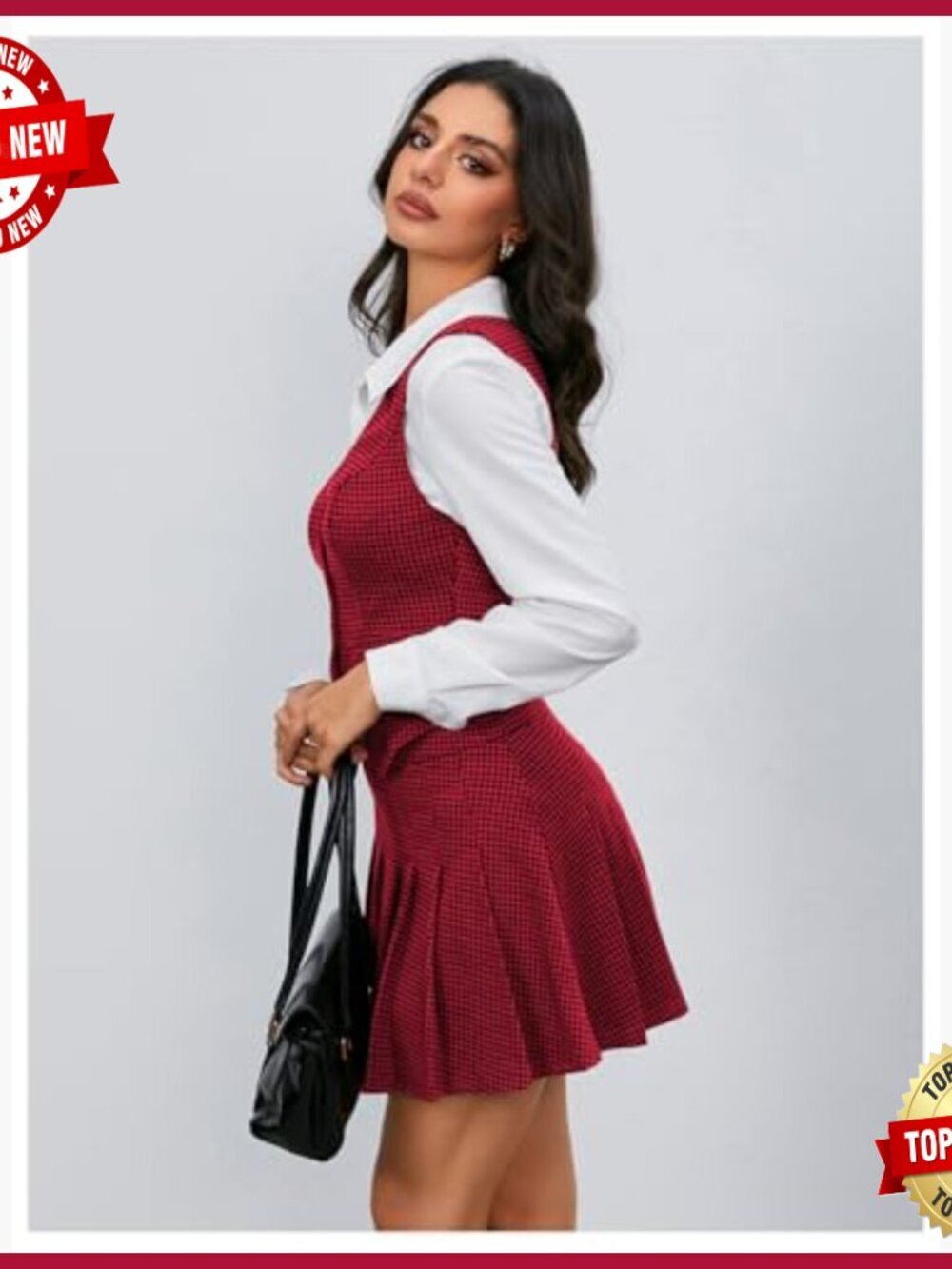 Plaid Skirt Set with Blazer Vest and Pleated Mini Skirt, Business Outfit - Picture 4 of 7